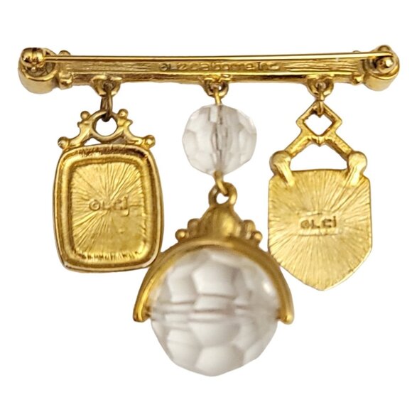 Liz Claiborne Gold Tone Shield, Gob, Rhinestone Dangle Bar Brooch Signed M509 - Picture 3 of 6